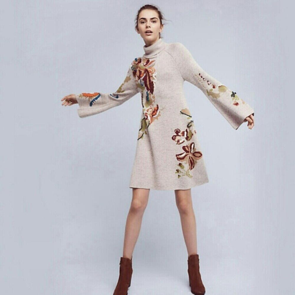 Anthropologie Knitted & Knotted Embroidered Knit Swing Dress